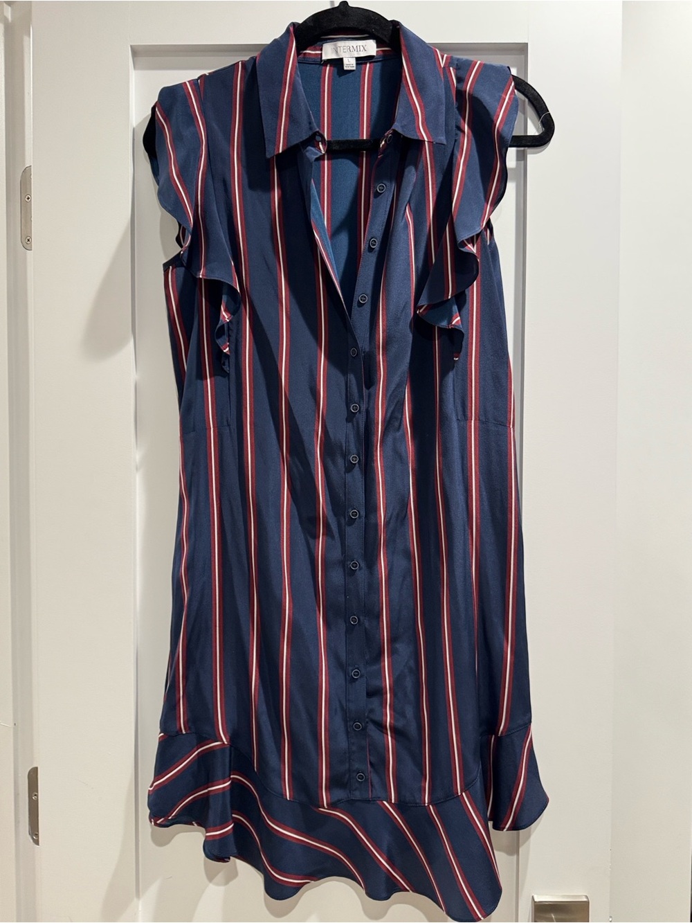 INTERMIX Navy Stripe Ruffle-Trim Shirt Dress